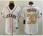 Youth Houston Astros #30 Kyle Tucker 2023 White Gold World Serise Champions Patch Cool Base Stitched Jersey