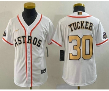 Youth Houston Astros #30 Kyle Tucker 2023 White Gold World Serise Champions Patch Cool Base Stitched Jersey