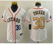 Youth Houston Astros #30 Kyle Tucker Number 2023 White Gold World Serise Champions Patch Cool Base Stitched Jersey1