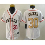 Youth Houston Astros #30 Kyle Tucker Number 2023 White Gold World Serise Champions Patch Cool Base Stitched Jersey