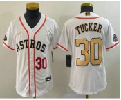 Youth Houston Astros #30 Kyle Tucker Number 2023 White Gold World Serise Champions Patch Cool Base Stitched Jersey