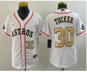 Youth Houston Astros #30 Kyle Tucker Number 2023 White Gold World Serise Champions Patch Cool Base Stitched Jerseys