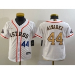 Youth Houston Astros #44 Yordan Alvarez Number 2023 White Gold World Serise Champions Patch Cool Base Stitched Jersey1