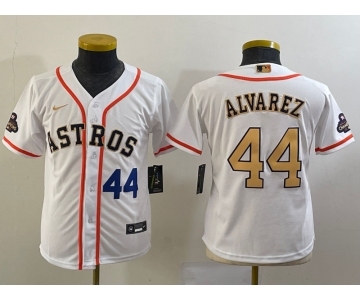 Youth Houston Astros #44 Yordan Alvarez Number 2023 White Gold World Serise Champions Patch Cool Base Stitched Jersey1