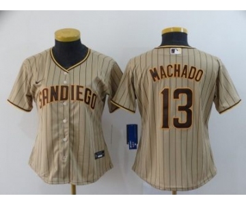 Women's Padres #13 Manny Machado Brown Strip 2020 Baseball Cool Base Jersey