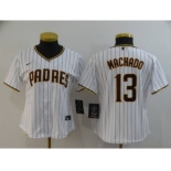 Women's Padres #13 Manny Machado White Strip 2020 Baseball Cool Base Jersey