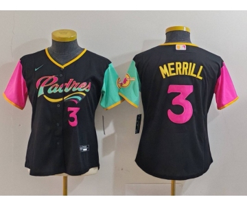 Women's San Diego Padres #3 Jackson Merrill Black Player Number Fashion Baseball Jersey