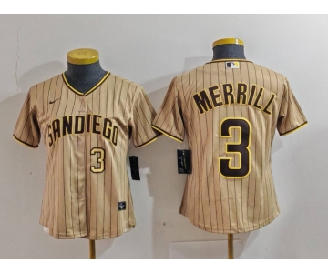 Women's San Diego Padres #3 Jackson Merrill Tan NEW 2023 Cool Base Stitched Jerseys