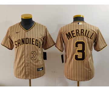 Youth San Diego Padres #3 Jackson Merrill Tan 2023 Cool Base Stitched Jerseys