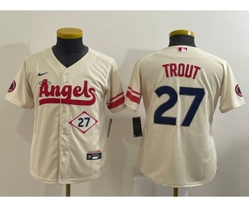 Youth Los Angeles Angels #27 Mike Trout Number Cream 2022 City Connect Cool Base Stitched Jersey