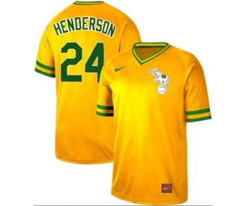 Men's Nike Athletics #24 Rickey Henderson Yellow Cooperstown Collection Stitched Baseball Jersey