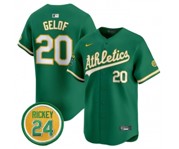 Men's Oakland Athletics #20 Zack Gelof Green 2024 Limited With Rickey Henderson Patch Stitched Jersey