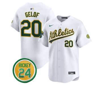 Men's Oakland Athletics #20 Zack Gelof White 2024 Home Limited With Rickey Henderson Patch Stitched Jersey