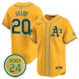 Men's Oakland Athletics #20 Zack Gelof Yellow 2024 Limited With Rickey Henderson Patch Stitched Jersey