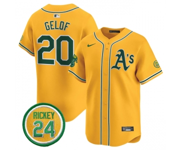 Men's Oakland Athletics #20 Zack Gelof Yellow 2024 Limited With Rickey Henderson Patch Stitched Jersey