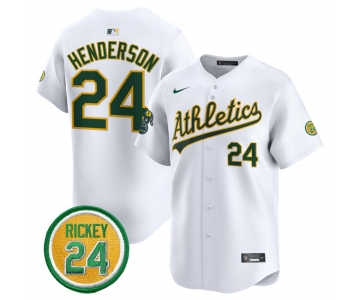 Men's Oakland Athletics #24 Rickey Henderson White 2024 Home Limited With Rickey Henderson Patch Stitched Jersey