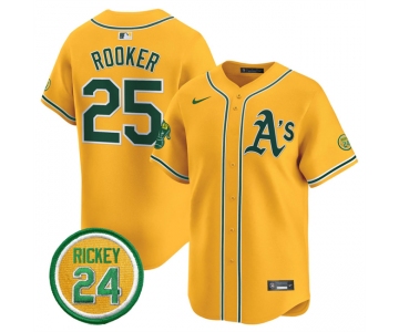 Men's Oakland Athletics #25 Brent Rooker Yellow 2024 Limited With Rickey Henderson Patch Stitched Jersey