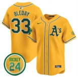 Men's Oakland Athletics #33 JJ Bleday Yellow 2024 Limited With Rickey Henderson Patch Stitched Jersey