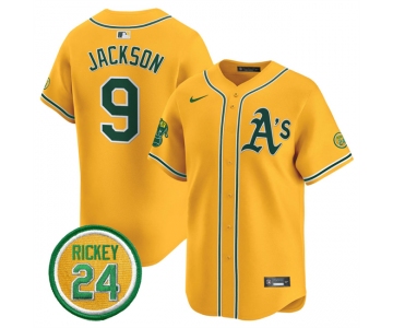 Men's Oakland Athletics #9 Reggie Jackson Yellow 2024 Limited With Rickey Henderson Patch Stitched Jersey