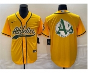 Men's Oakland Athletics Yellow Team Big Logo Cool Base Stitched Baseball Jersey 001