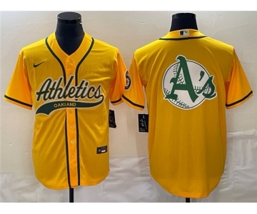 Men's Oakland Athletics Yellow Team Big Logo Cool Base Stitched Baseball Jersey 001