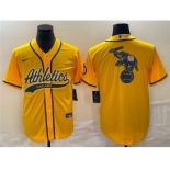 Men's Oakland Athletics Yellow Team Big Logo Cool Base Stitched Baseball Jersey 003