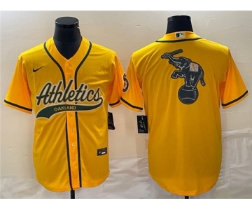 Men's Oakland Athletics Yellow Team Big Logo Cool Base Stitched Baseball Jersey 003