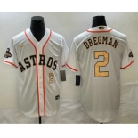 Mens Houston Astros #2 Alex Bregman Number 2023 White Gold World Serise Champions Patch Cool Base Stitched Jersey