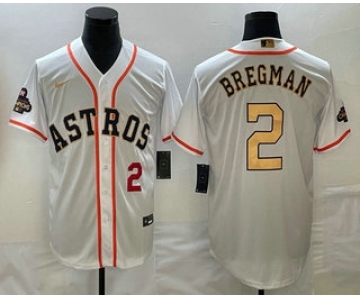 Men's Houston Astros #2 Alex Bregman Number 2023 White Gold World Serise Champions Patch Cool Base Stitched Jerseys