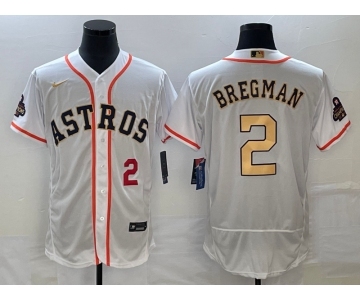 Men's Houston Astros #2 Alex Bregman Number 2023 White Gold World Serise Champions Patch Flex Base Stitched Jersey1