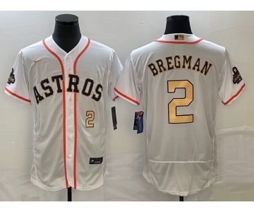 Men's Houston Astros #2 Alex Bregman Number 2023 White Gold World Serise Champions Patch Flex Base Stitched Jersey2