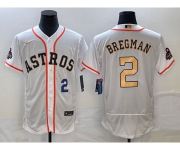 Men's Houston Astros #2 Alex Bregman Number 2023 White Gold World Serise Champions Patch Flex Base Stitched Jersey