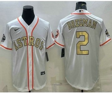 Men's Houston Astros #2 Alex Bregman White Gold 2022 World Series Champions Stitched Cool Base Nike Jersey