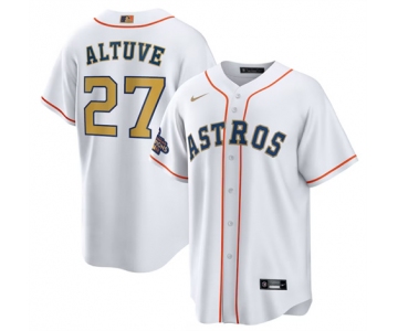 Men's Houston Astros #27 Jose Altuve 2023 White Gold World Serise Champions Patch Cool Base Stitched Jersey