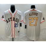 Mens Houston Astros #27 Jose Altuve Number 2023 White Gold World Serise Champions Patch Cool Base Stitched Jersey