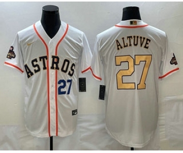 Men's Houston Astros #27 Jose Altuve Number 2023 White Gold World Serise Champions Patch Cool Base Stitched Jersey