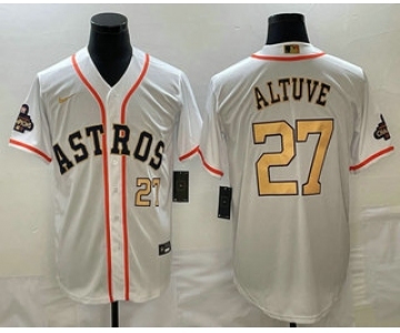 Men's Houston Astros #27 Jose Altuve Number 2023 White Gold World Serise Champions Patch Cool Base Stitched Jerseys