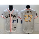 Men's Houston Astros #27 Jose Altuve Number 2023 White Gold World Serise Champions Patch Flex Base Stitched Jersey1