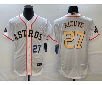 Men's Houston Astros #27 Jose Altuve Number 2023 White Gold World Serise Champions Patch Flex Base Stitched Jersey1