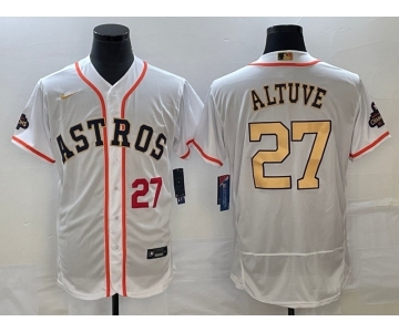 Men's Houston Astros #27 Jose Altuve Number 2023 White Gold World Serise Champions Patch Flex Base Stitched Jersey2