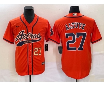 Men's Houston Astros #27 Jose Altuve Number Orange With Patch Cool Base Stitched Baseball Jersey