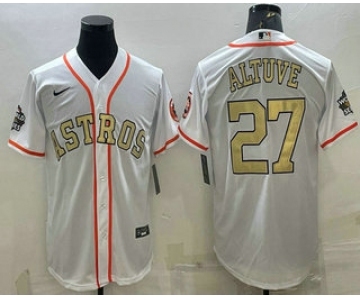 Men's Houston Astros #27 Jose Altuve White Gold 2022 World Series Champions Stitched Cool Base Nike Jersey