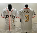 Men's Houston Astros #3 Jeremy Pena 2023 White Gold World Serise Champions Patch Cool Base Stitched Jersey1