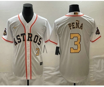 Men's Houston Astros #3 Jeremy Pena 2023 White Gold World Serise Champions Patch Cool Base Stitched Jersey1