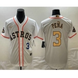 Mens Houston Astros #3 Jeremy Pena 2023 White Gold World Serise Champions Patch Cool Base Stitched Jersey