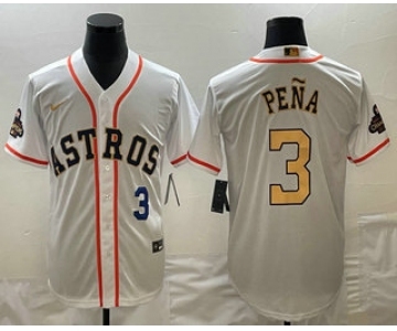 Men's Houston Astros #3 Jeremy Pena 2023 White Gold World Serise Champions Patch Cool Base Stitched Jersey