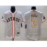 Men's Houston Astros #3 Jeremy Pena 2023 White Gold World Serise Champions Patch Flex Base Stitched Jersey