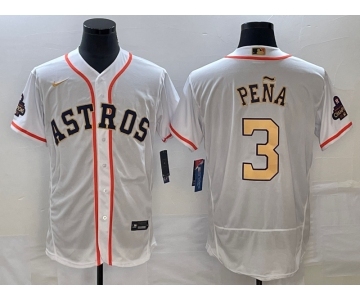 Men's Houston Astros #3 Jeremy Pena 2023 White Gold World Serise Champions Patch Flex Base Stitched Jersey