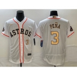 Men's Houston Astros #3 Jeremy Pena Number 2023 White Gold World Serise Champions Patch Flex Base Stitched Jersey1