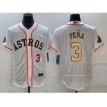 Men's Houston Astros #3 Jeremy Pena Number 2023 White Gold World Serise Champions Patch Flex Base Stitched Jersey2